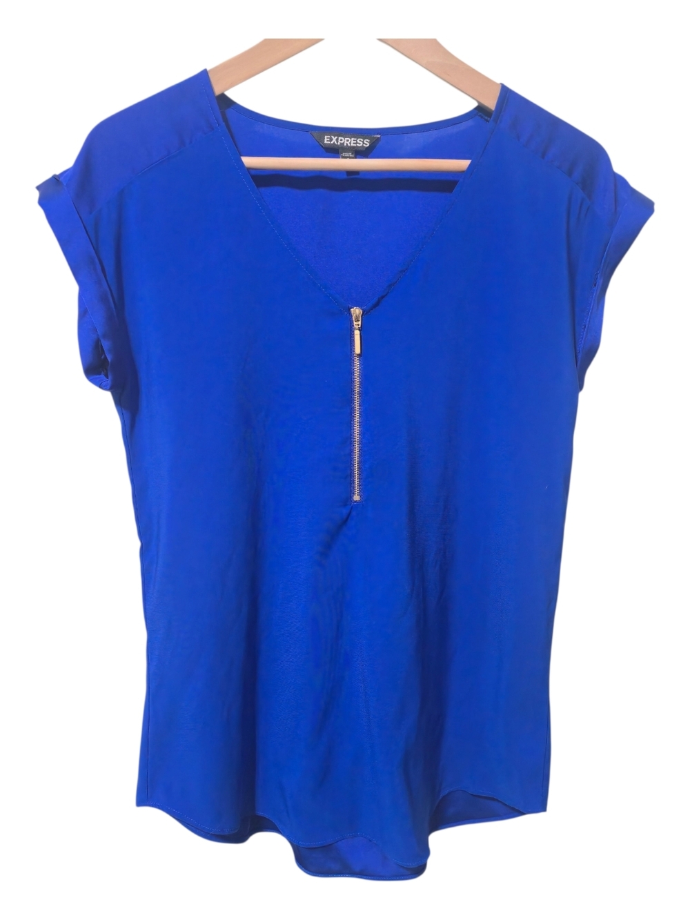 Express Royal Blue Sheer Quarter-Zip Blouse Office Short Tab Sleeve Small Summer